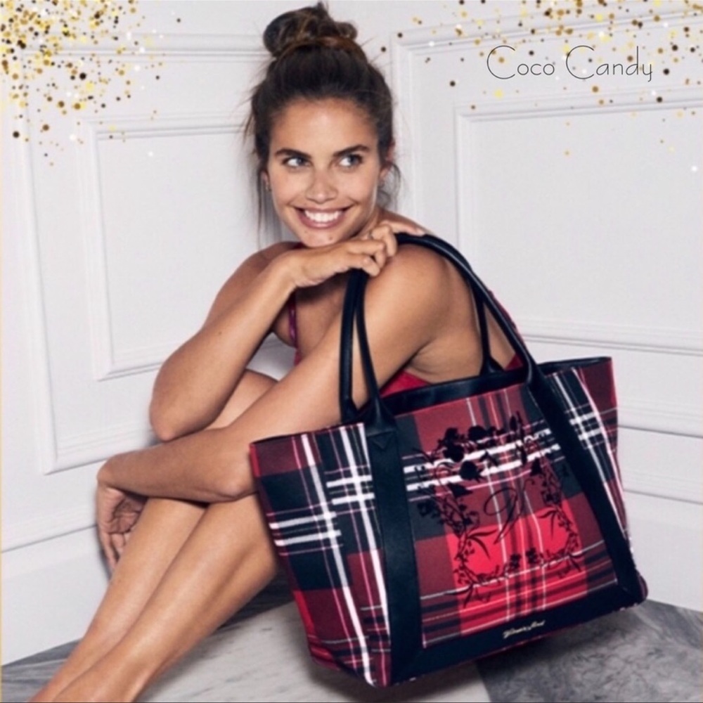 Victoria Secret Red Black Flannel Print Tote Bag